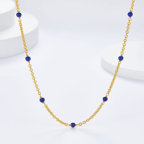 Blue Gemstone Beads Gold Chain Necklace - Perfect for Layered Wear